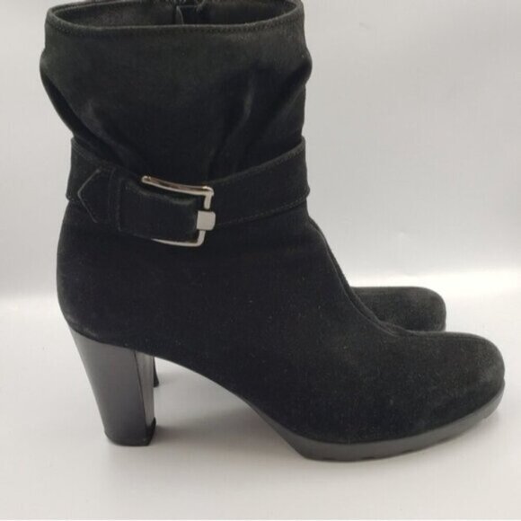 La Canadienne Black Suede Heeled Ankle Boots Size 8.5 Side Zip Treads Winter - Picture 8 of 14